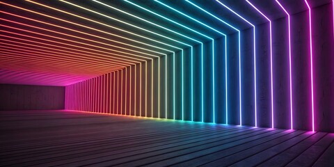 A long hallway with neon lights in a room