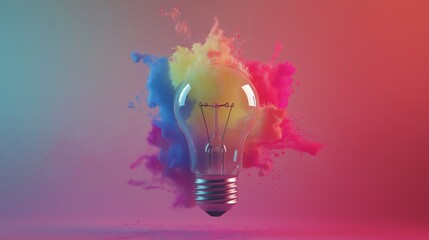 Colorful Paint Explosion from Light Bulb, Symbolizing Creative Energy and Innovation