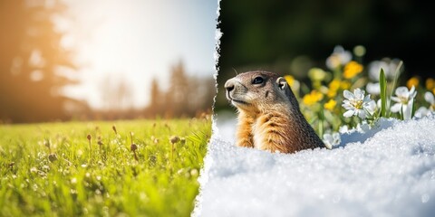 A split-scene image: one half covered in snow, the other with green grass and blooming flowers. A groundhog sits in the center