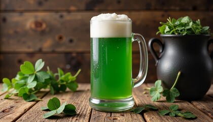 Green beer with foam on wooden table with shamrocks