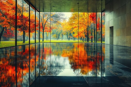 Surrealist photography, large windows and foregrounds, peaceful meadow images reflected outside, bridges made of light, heavenly light coming down from the sky