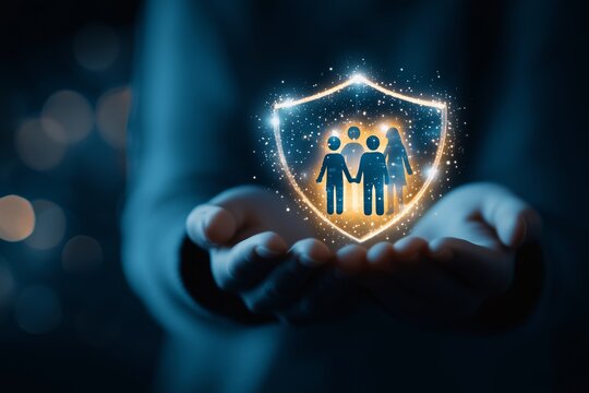 Glowing shield with a family icon in human hands symbolizes security, protection, and insurance. Perfect for topics on safety, cybersecurity, family care, and financial protection