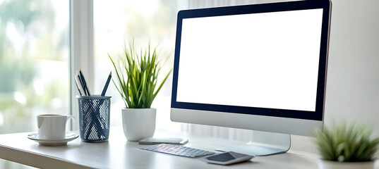 Fototapeta premium LED Computer Screen on an Office Table with a Transparent PNG Screen for Modern Workspaces and Digital Presentations