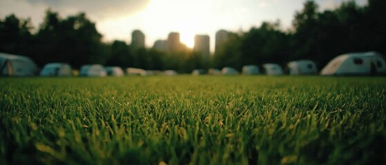 Fototapeta premium Lush Green Grass Lawn Camping Tents City Skyline Background
