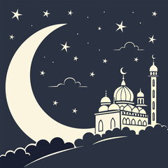 Design a serene night sky with a glowing crescent moon and stars, perfect for Ramadan.
