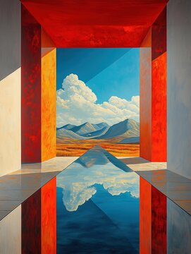 oil painting on canvas, surrealism,, large windows and outside views, peaceful reflected meadow images, bridges made of light, celestial light coming down from the sky
