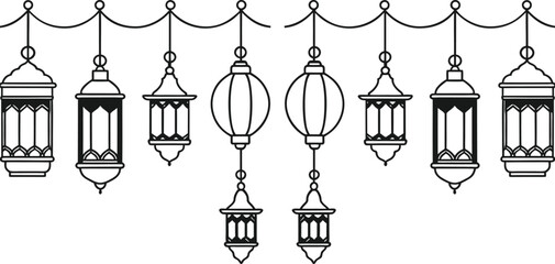 A simple, elegant black and white graphic of multiple traditional Islamic lanterns hanging from a string.