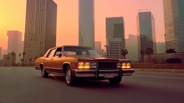 Expesive retro car in 70s style on the urban street with orange sky