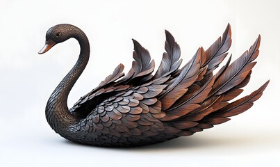Fototapeta premium Elegant black swan wood carving, studio shot, white background, home decor