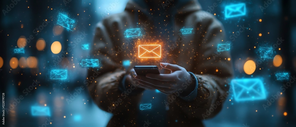 Poster A person holding a smartphone displaying a glowing email security warning