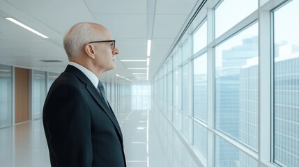 Fototapeta premium A businessman gazes thoughtfully out a large office window in a modern workspace.