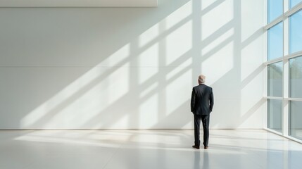 Fototapeta premium A businessman stands alone in a modern, minimalist office space with natural light.