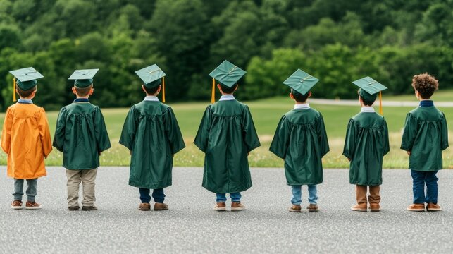 Kindergarten Graduation  Kids in Caps   Gowns Outdoors