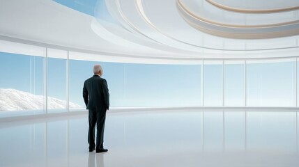 A businessman stands thoughtfully in a modern, spacious office with panoramic views.