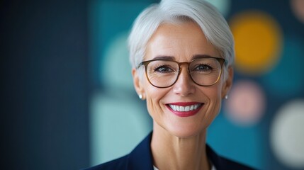 A confident businesswoman smiling warmly in a modern office setting.