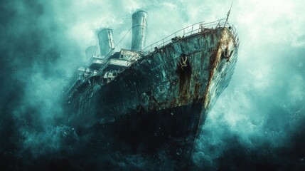 Ghostly shipwreck emerges from stormy seas ocean depths digital dramatic atmosphere