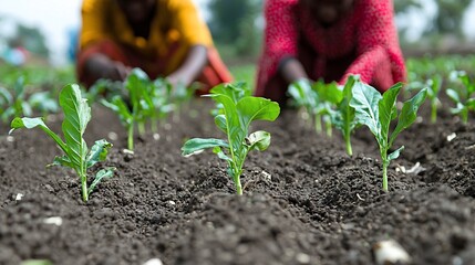 Women planting seedlings in a field.