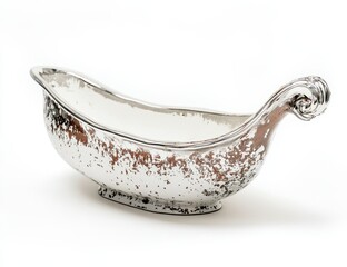 Elegant silver gravy boat with ornate handle, isolated on white background.