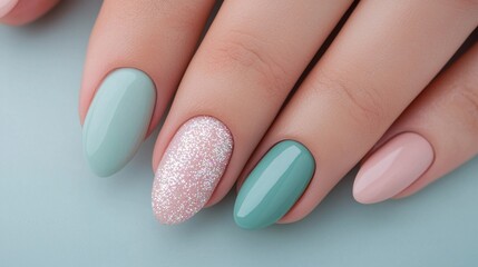 Nail Fashion manicure modern concept. Soft Pastel Ombre Nails with Subtle Glitter Accents