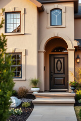 Fototapeta premium Elegant Home Exterior with Modern Architecture and Landscaping. Luxury Real Estate Property with a Stunning Entrance and Pathway