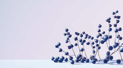 Delicate Arrangement of Blue Berries and Branches Against a Soft Pastel Background, Perfect for Nature or Minimalist Themes