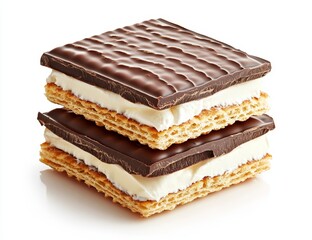 Two chocolate-covered wafers with creamy filling, stacked.