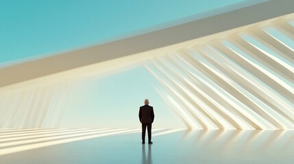 Obraz premium A lone figure stands in a modern architectural space with dynamic lighting and shapes.