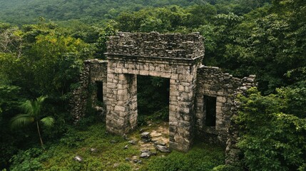 Ancient stone archway surrounded by lush greenery in a remote jungle setting