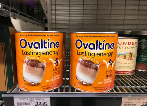South Australia, Australia &ndash; Circa January, 2025: Rows of Ovaltine milk flavouring product on shelf of supermarket