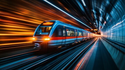 Fototapeta premium High-speed train motion blur photography in a subway, glowing lights 