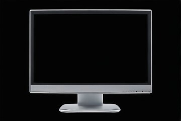 Fototapeta premium Front view of black screen computer monitor with silver base on black background, panel facing right.