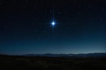 Fototapeta premium Starry Night Sky with Bright Shining Star, Silhouetted Landscape, Peaceful Atmosphere