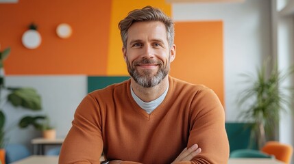 Fototapeta premium A smiling man in a cozy sweater poses confidently in a vibrant office setting.