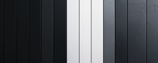 A modern arrangement of vertical wooden panels in shades of black, white, and gray, creating a sleek and minimalist aesthetic.