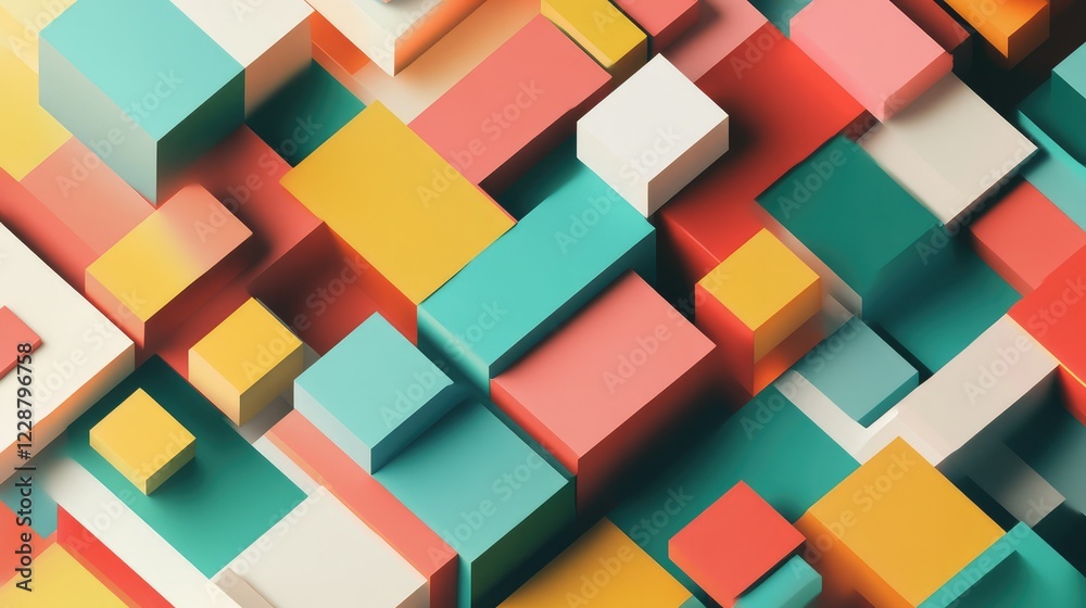 Poster vibrant geometric composition of colorful rectangles and squares creating a dynamic abstract backgro
