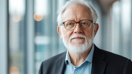 A thoughtful elderly man with glasses stands in a modern office environment, reflecting wisdom.