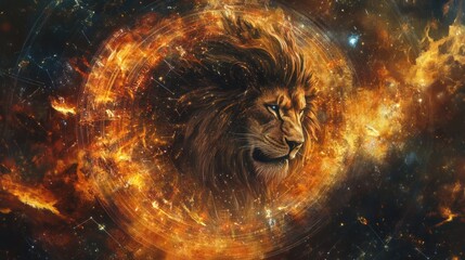 Fiery lion portrait in cosmic circle.