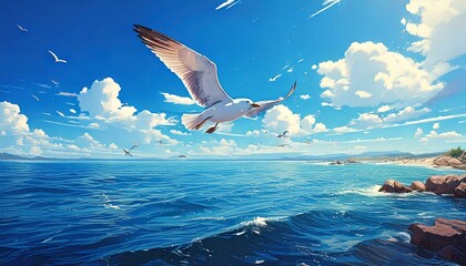 海の上を飛ぶ白いカモメ