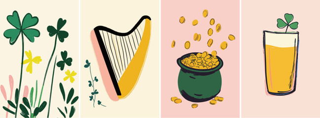 St Patrick's Day irish traditional celebration set of hand drawn cute design elements