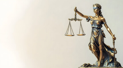 Statue of lady justice on bright background - Side view with copy space.