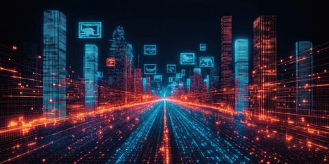 Obraz premium Futuristic cityscape with digital elements and data streams.