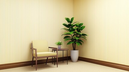 Beige Room Corner with Yellow Chair and Green Plant