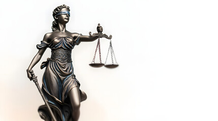 Fototapeta premium Statue of lady justice on bright background - Side view with copy space.