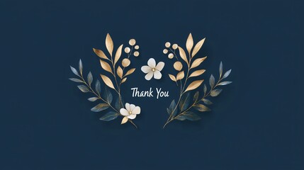 Fototapeta premium Elegant Dark Blue Thank You Card with Gold Leaf Accents Digital Design Floral Elements Modern Aesthetic