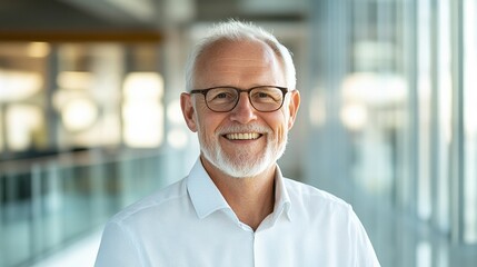 Fototapeta premium Cheerful older man in glasses smiling brightly in a modern office environment.