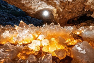 Stunning cave crystals illuminated by sunlight from above.