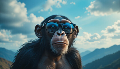 surprised chimpanzee wear glasses on bright blue background