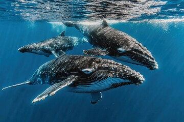 Three humpback whales swimming gracefully in clear blue ocean waters.