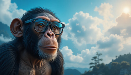 surprised chimpanzee wear glasses on bright blue background