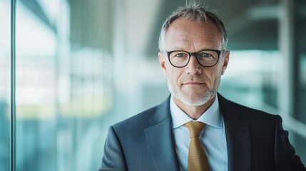 Naklejka premium Confident business leader in modern office setting, showcasing professionalism.